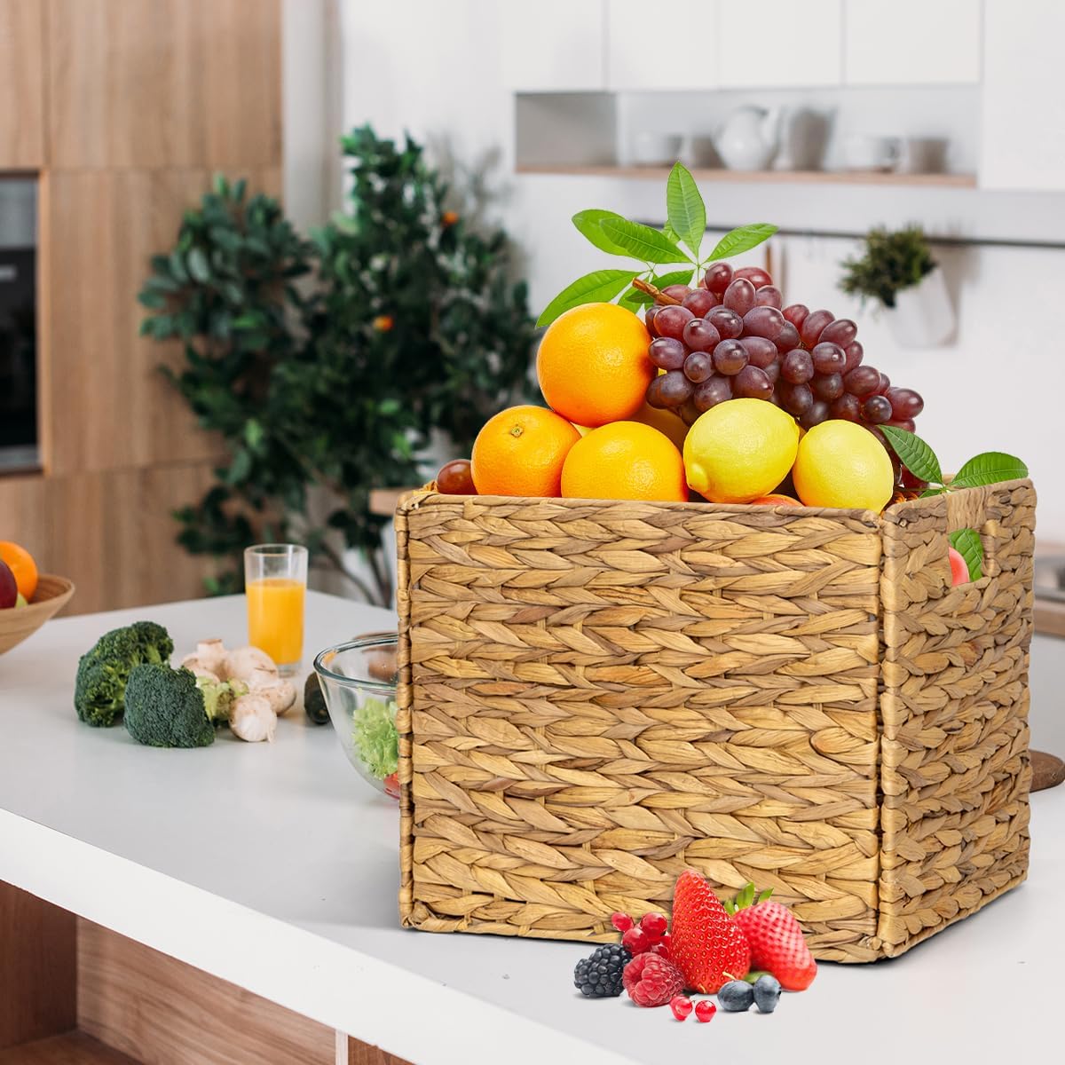 4 Pack Size  13 x 11in Rectangular Wicker Storage Bins, Water Hyacinth Baskets, Foldable Wicker Baskets, Storage Basket with Built-in Handles, Handwoven Natural Basket for Shelves, Outdoor